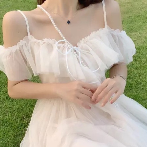 Lace dress Ruffle off shoulder womens lace up cream beige - Picture 14 of 14